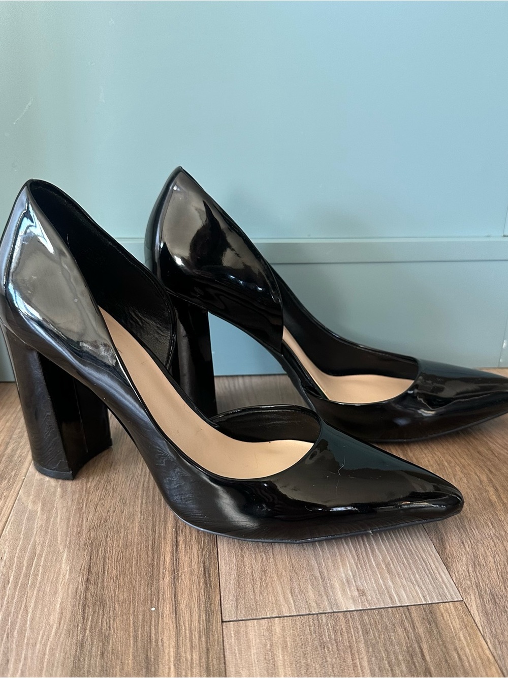Nine West Black Patent Pointed Block Heel Pumps